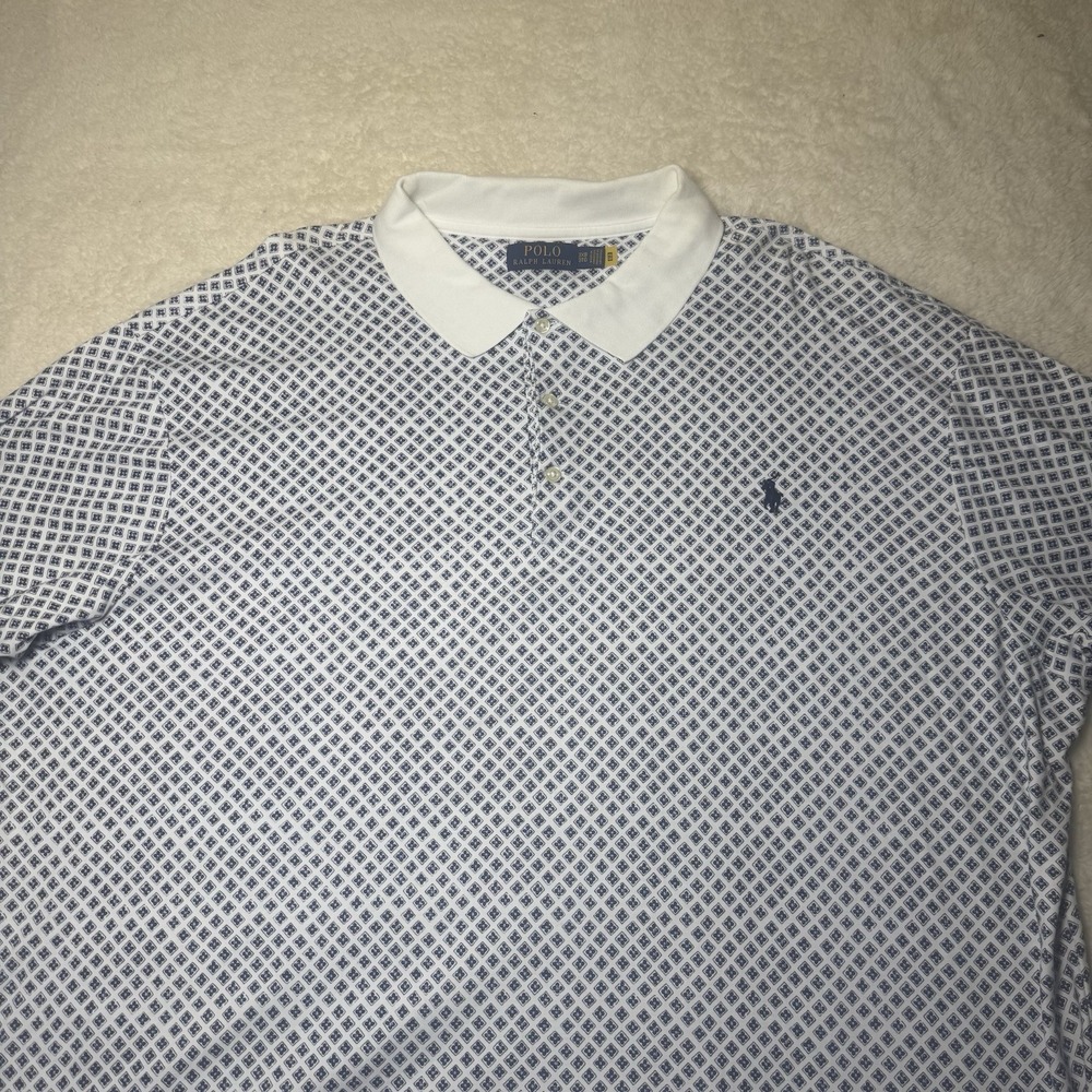 Polo Ralph Lauren Men's 3XB White Blue Geometric Polo Shirt 100% Cotton